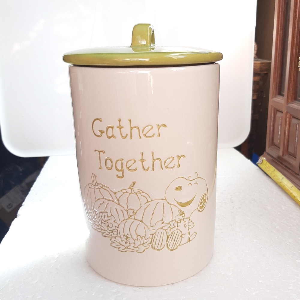 Canister 7" Ceramic Peanuts Snoopy Gather Together Spring Green Jar